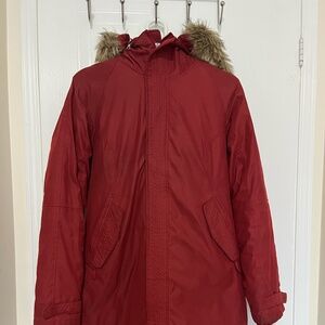 Aritzia Red Puffer Jacket with Fur Trim